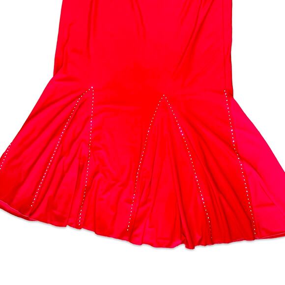 VTG 90s/Y2k Red Hot Chrome Rhinestone Studded Latin Mermaid Tango Midi Skirt 2XL - Picture 4 of 11